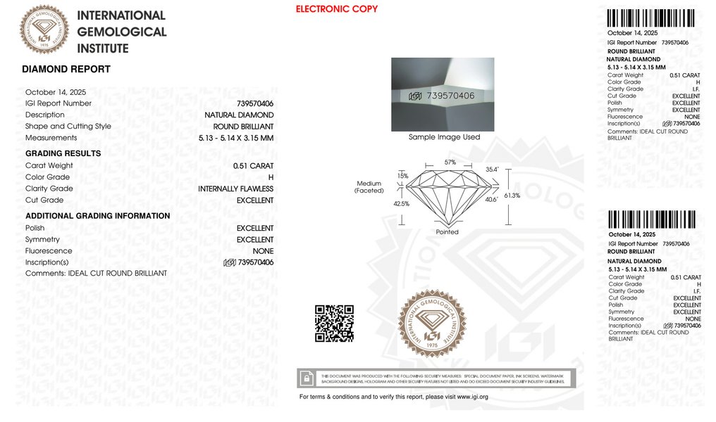 Fără preț de rezervă - 1 pcs Diamant (Natural) - 0.51 ct - Rotund - H - IF - IGI (Institutul gemologic internațional) - *3EX None* #2.1