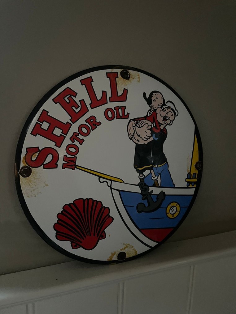 搪瓷广告牌 – Shell Motor Oil – 配有 Popeye 和 Olive Oyl – 圆形 – 复古风格 - 珐琅标志 - 搪瓷 #4.3
