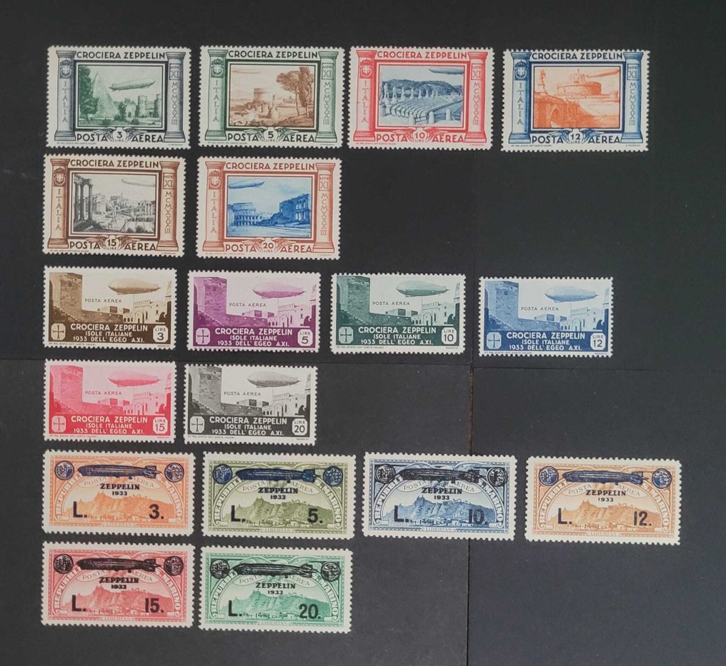 Olaszország 1933 - 3 Postfrisse Zeppelinseries Olaszország, Égei-tenger és San Marino két tanúsítvánnyal. #1.0