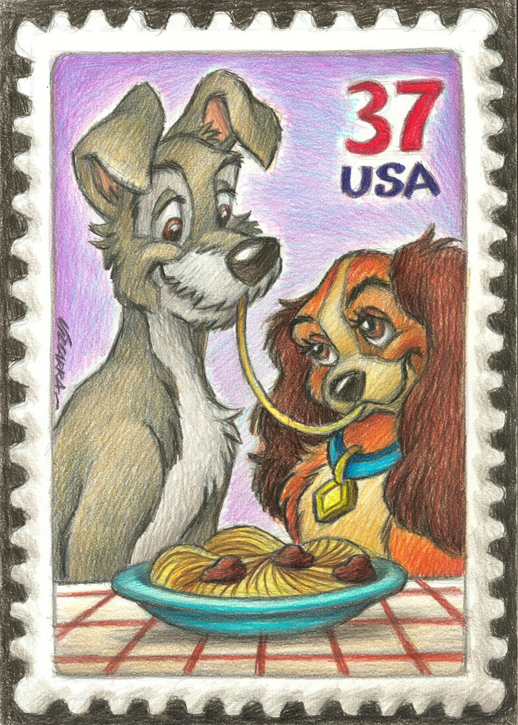 Joan Vizcarra Eredeti műalkotás - Lady & the Tramp “Spaghetti Stamp" – Hand Signed #1.0