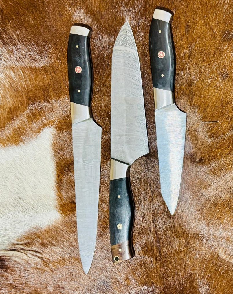 Coltello da cucina -  Set di coltelli da cucina (0063) - Manico in corno di bufalo e lama in acciaio piegato 1095/15N20 - Regno Unito - Set di coltelli da cucina #2.1