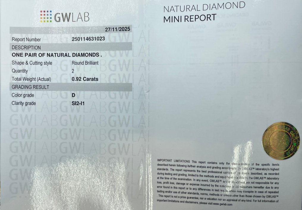 沒有保留價 - 2 pcs 鑽石 (天然) - 0.92 ct - 圓形 - D (無色) - SI2, I1, SI3 - Gemewizard Gemological Laboratory (GWLab) #2.1