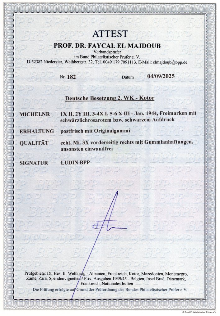 德意志帝国-占领科托尔（1944） 1944 - 首次发行附证明 **/MNH - Michel 1/6 #1.0