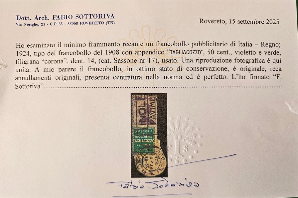 Royaume d’Italie  - Publicitaire, Tagliacozzo utilisé sur fragment de 0,50 centimes, original avec oblitération. - Sassone n.17 #2.1