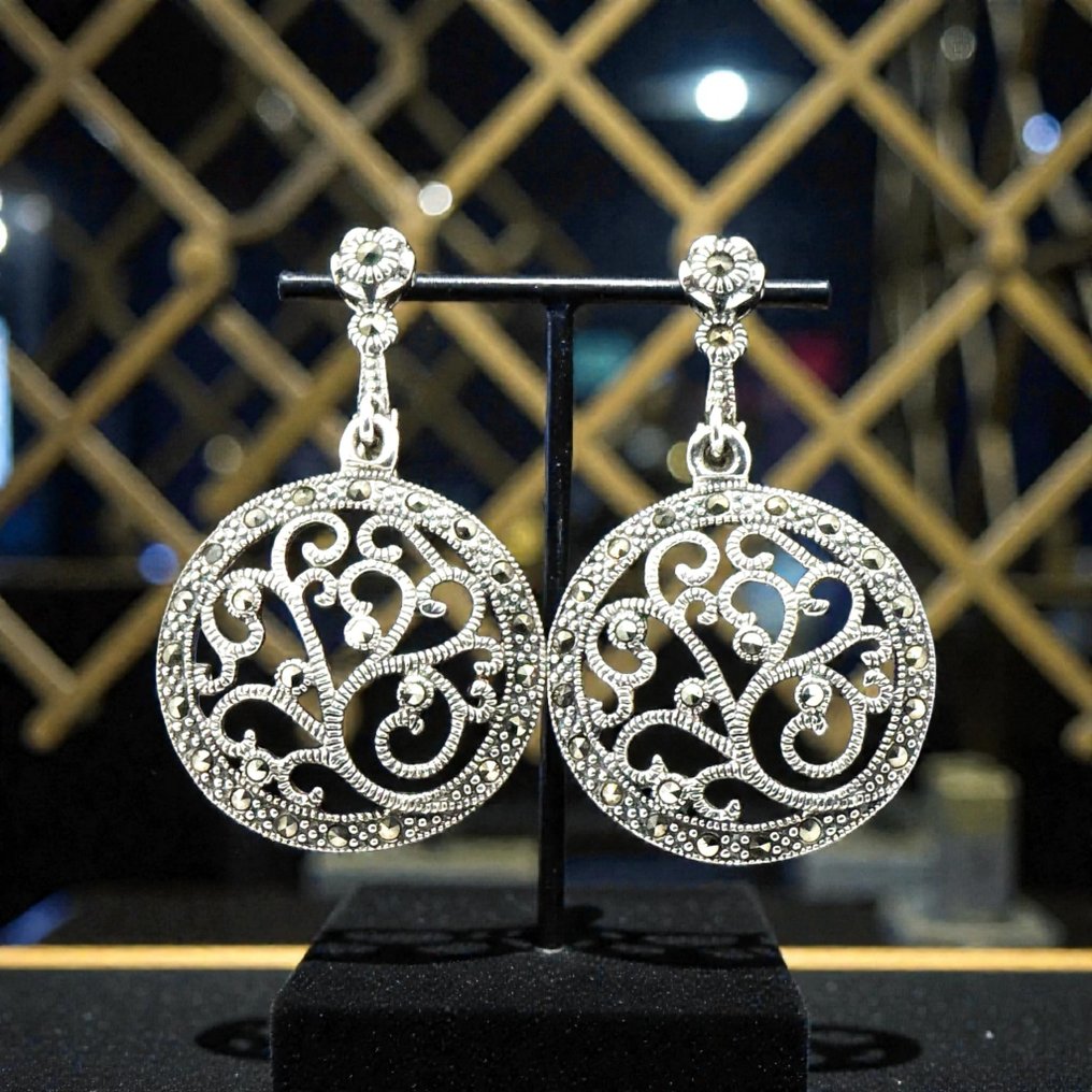 銀, 925纯银和马卡斯石 - 吊式耳環 - 艺术装饰几何 #1.0