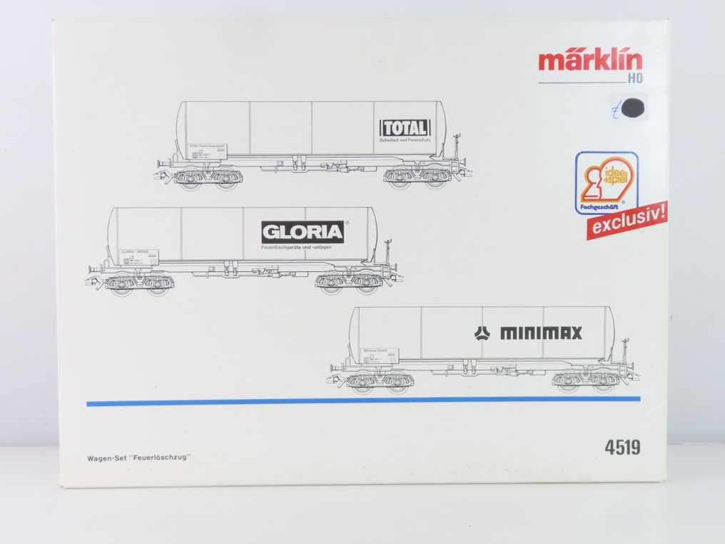 Märklin H0 - 4519 - Σετ τρένου μοντελισμού μεταφοράς εμπορευμάτων (1) - Σετ τριών ειδών φορτηγών αυτοκινήτων με 4-άξονες καμινάδες με επιγραφή «Gloria», «Minimax» και - DB #3.2