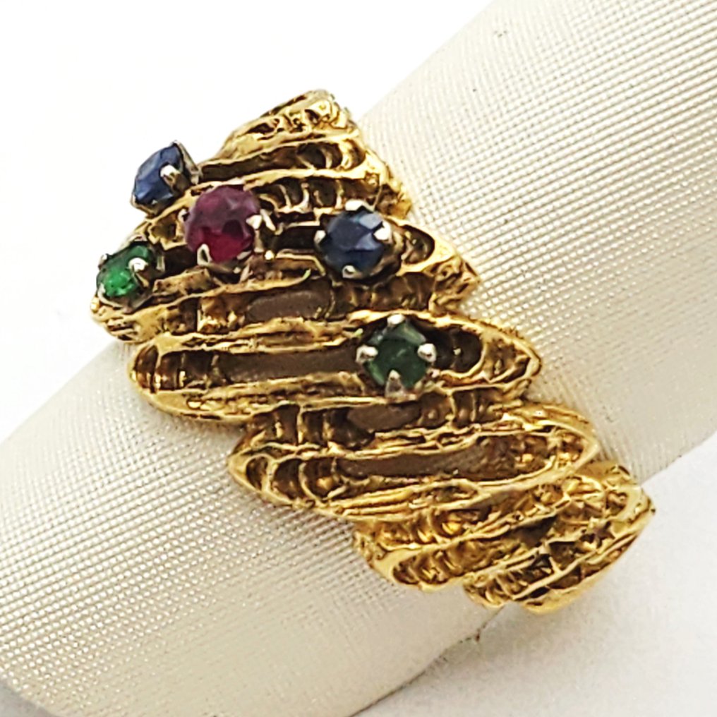 戒指 - 18K包金 黄金 -  0.12ct. tw. 蓝宝石 - 祖母绿 #2.1