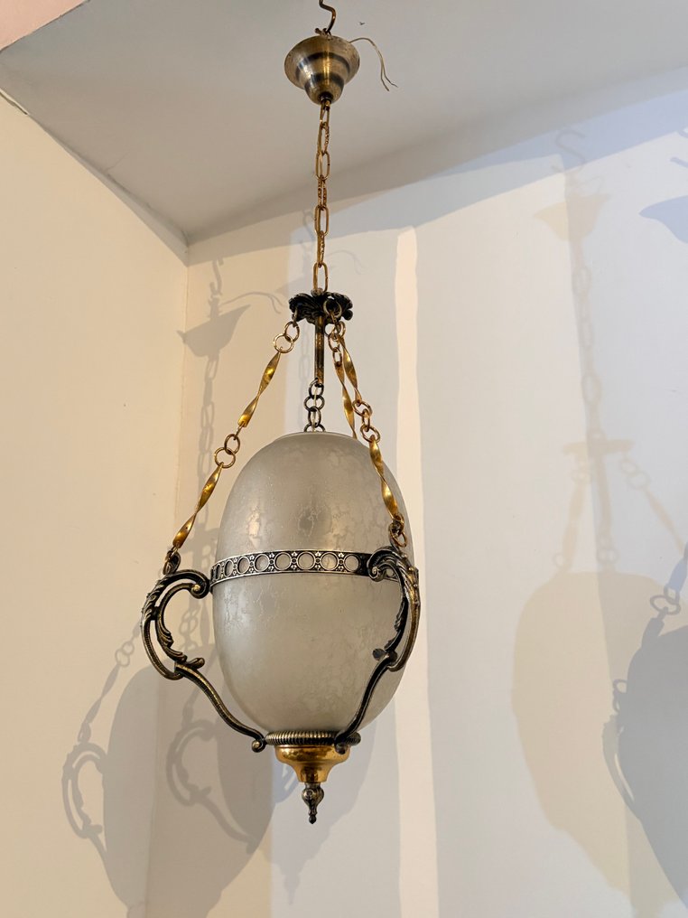 Hanging lamp - Gilt brass, Crackle glass #3.2