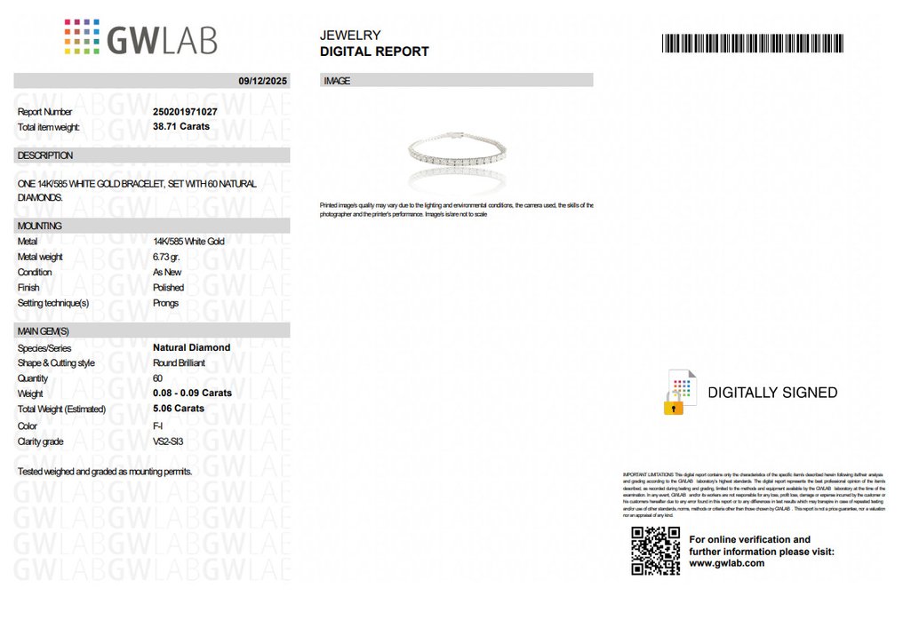 χωρίς τιμή ασφαλείας - Βραχιόλι - 14 καράτια Λευκός χρυσός -  5.06ct. tw. Διαμάντι (Φυσικό) - F-I ΧΡΩΜΑ VS2-SI3 #2.1