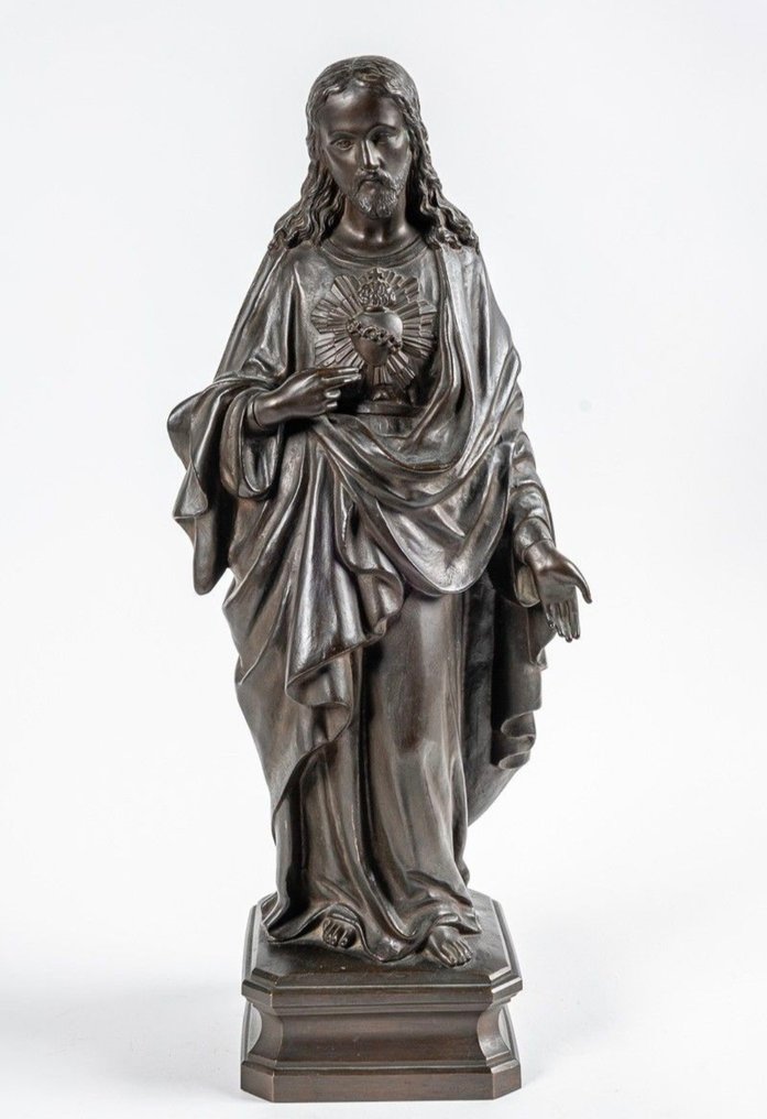 Statue, Grand Christ Sacré Cœur - 60 cm - Patineret bronse #3.2