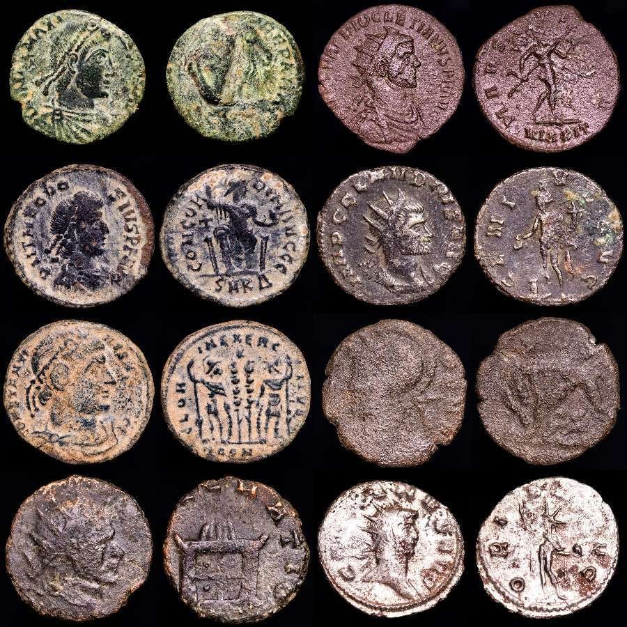 Impero romano. Lot comprising eight (8) bronze coins:. Antoninianus, Follis, Maiorinas. Gallienus, Claudius II (2), Diocletian, Constantine I, Urbs Roma, Magnus Maximus and Theodosius. (Senza prezzo di riserva) #1.0