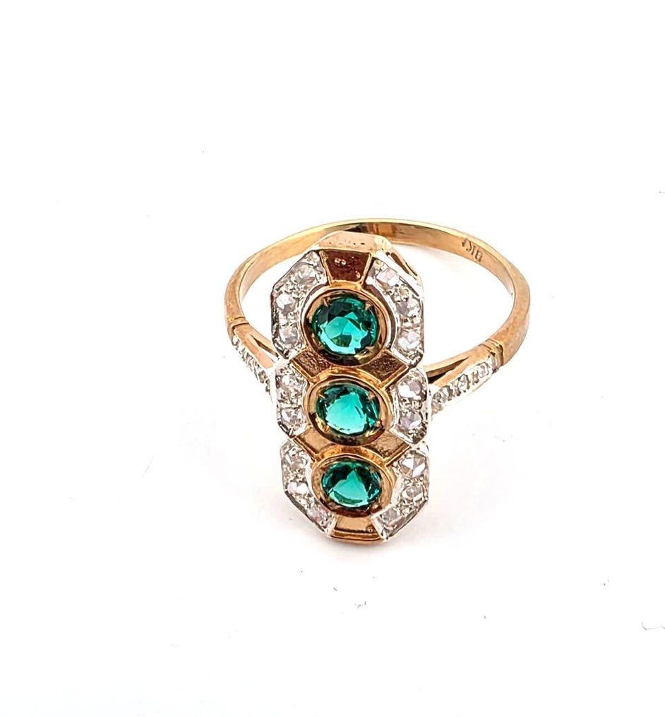 Nincs minimálár - Gyűrű - 9 Kt Rózsa arany, Ezüst Smaragd - Gyémánt #1.0