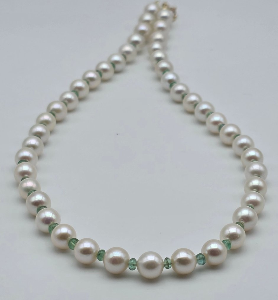Zonder minimumprijs - Halsketting - 18 karaat Geel goud Parel - Smaragd - Akoya parel van 6,6 tot 7 mm #4.3