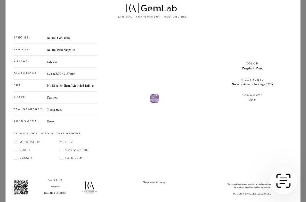 χωρίς τιμή ασφαλείας - 1 pcs Μωβ Ζαφείρι - 1.22 ct - Διεθνής Ένωση Έγχρωμων Πολύτιμων Λίθων (ICA GemLab) - Μωβ Ροζ Σρι Λάνκα #2.1