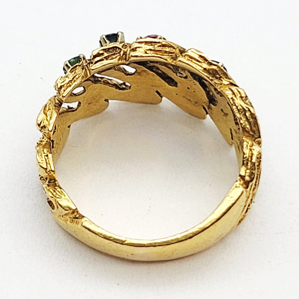 戒指 - 18K包金 黄金 -  0.12ct. tw. 蓝宝石 - 祖母绿 #3.2