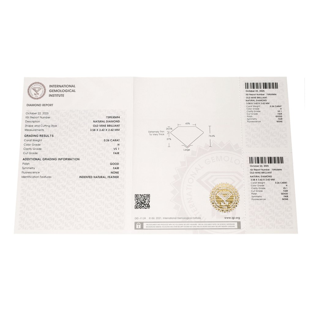 沒有保留價 - 1 pcs 鑽石 (天然) - 0.26 ct - H(次於白色的有色鑽石) - VS1 - 國際寶石學院(International Gemological Institute (IGI)) #3.2