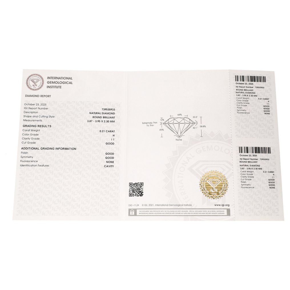 沒有保留價 - 1 pcs 鑽石 (天然) - 0.21 ct - 圓形 - H(次於白色的有色鑽石) - I1 - 國際寶石學院(International Gemological Institute (IGI)) #3.2