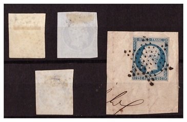 França 1852 - Presidência, REPÚBLICA FRANCESA, 10 ct bistre-marrom e 25 ct azul B sob o pescoço. - Yvert N°9a & N°10 (teinte & oblitérations différentes) Etat TB sans aminci #1.0