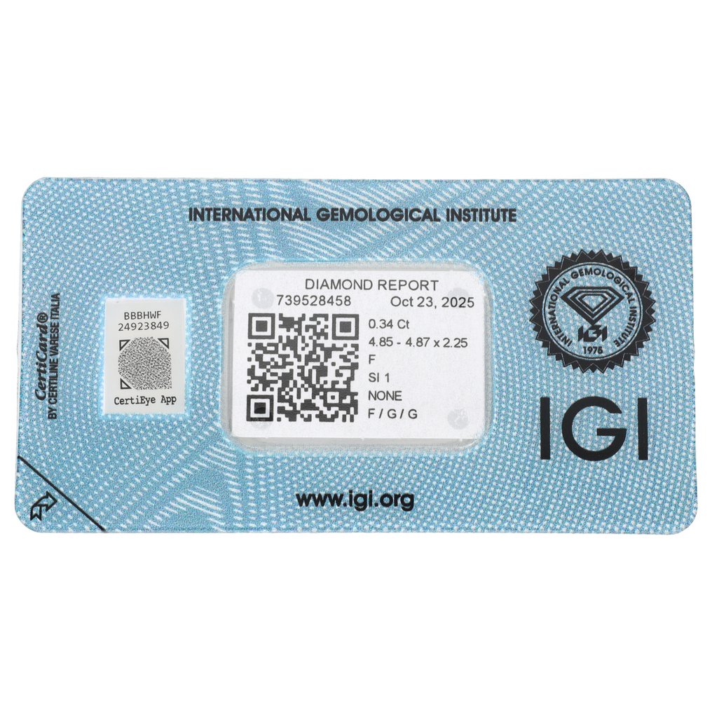 沒有保留價 - 1 pcs 鑽石 (天然) - 0.34 ct - 圓形 - F(近乎無色) - SI1 - 國際寶石學院(International Gemological Institute (IGI)) #2.1