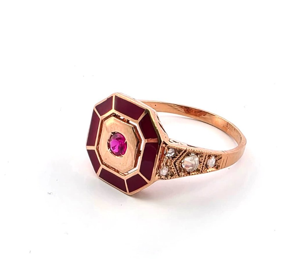 Fără preț de rezervă - Inel - 9 kt. Aur roz, Argint Rubin - Diamant #1.0