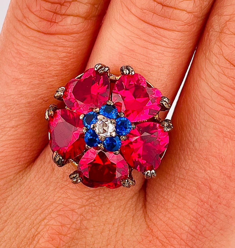 Sans prix de réserve - Bague - 9 carats Or jaune, Argent Rubis - Saphir #4.3