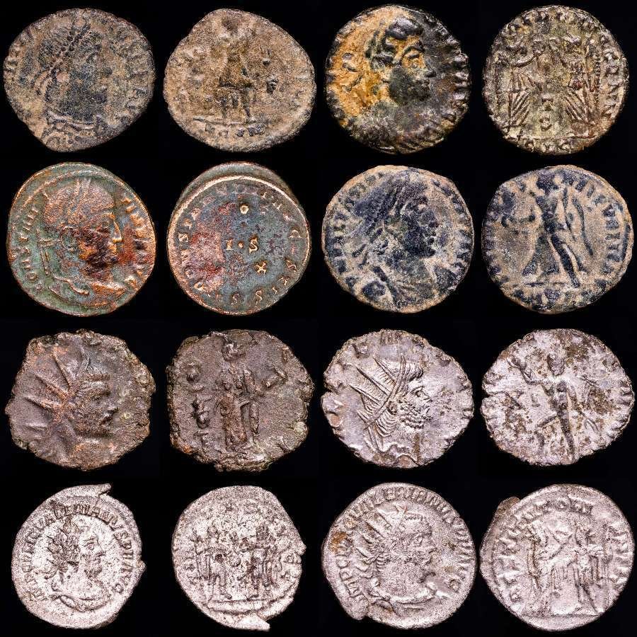 Rooman imperiumi. Lot comprising eight (8) bronze coins:. Antoninianus, Follis, Maiorinas. Valerian I (2), Gallienus, Claudius II, Constantine I, Constantius II, Valentinian I and Gratian  (Ei pohjahintaa) #1.0