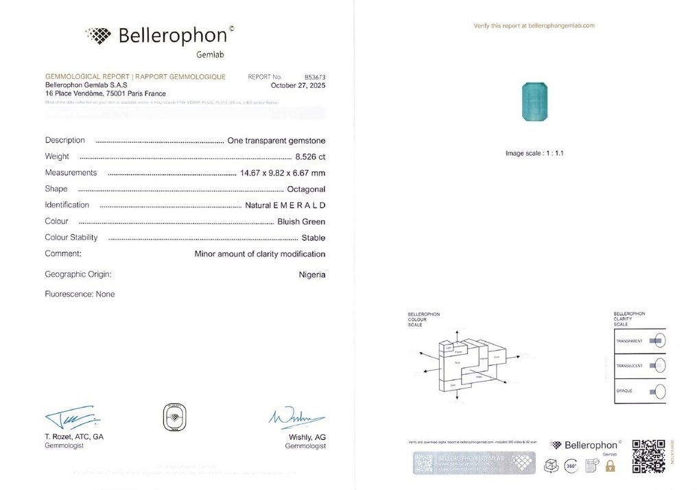 沒有保留價 祖母綠  - 8.52 ct - Bellerophon Gemlab - 蓝绿色（尼日利亚） #4.3