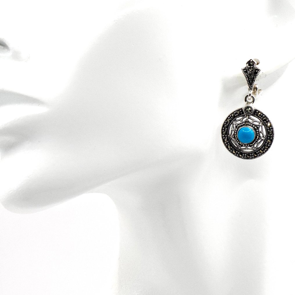 Argento, Argento sterling 925 con turchese e marcasite - Orecchini pendenti a goccia - Art Deco Geometrico #2.1