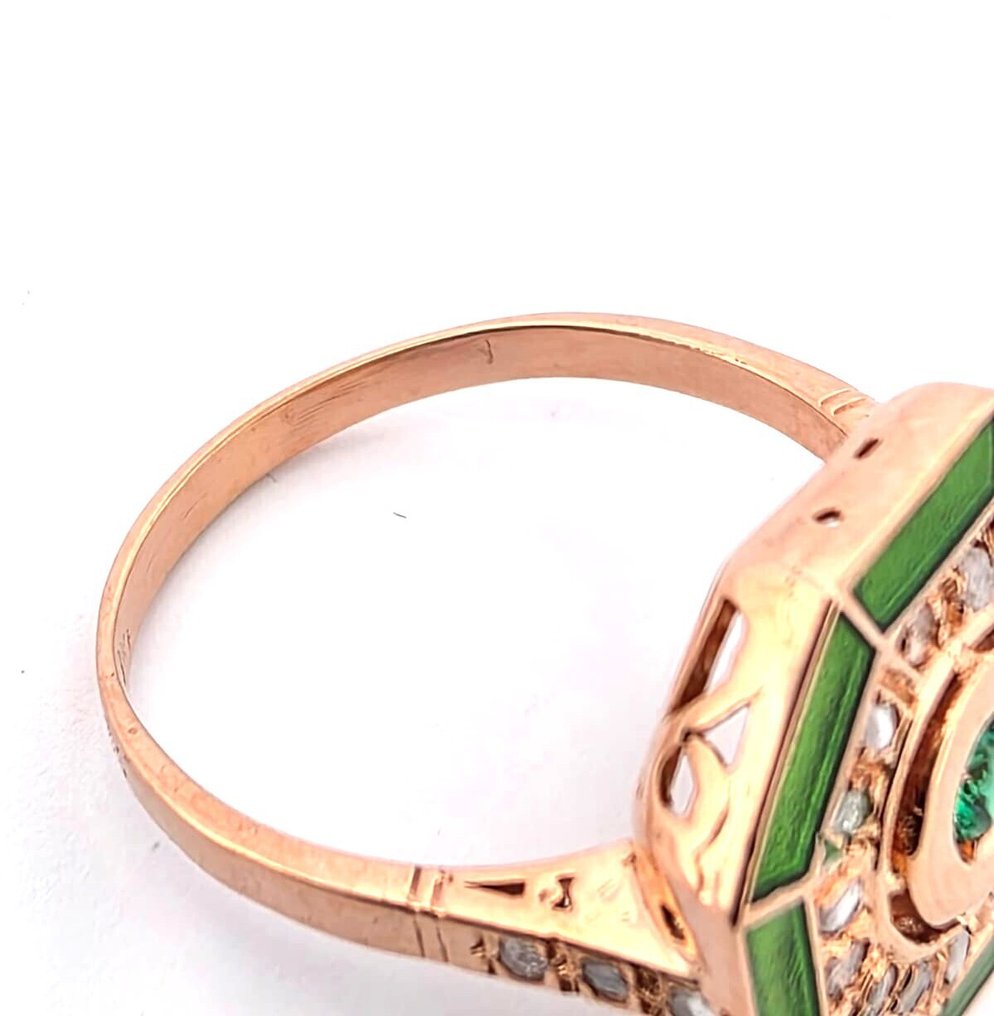 Fără preț de rezervă - Inel - 9 kt. Aur roz, Argint Smarald - Diamant #4.3
