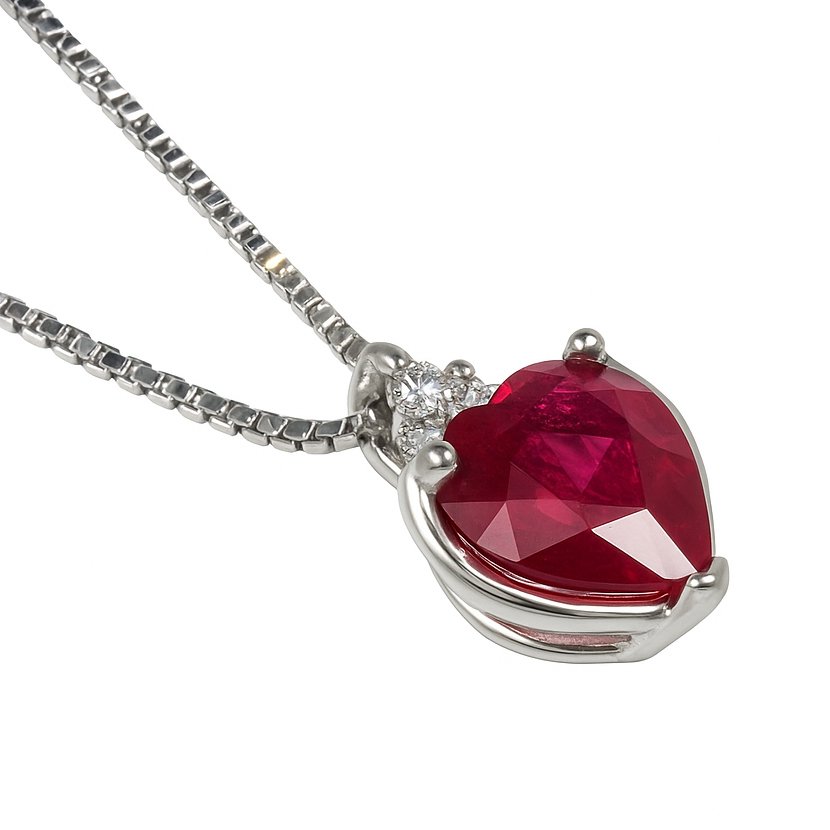 吊坠项链 - 18K包金 白金 - 1.10ct. tw. 红宝石 - 钻石 #1.0