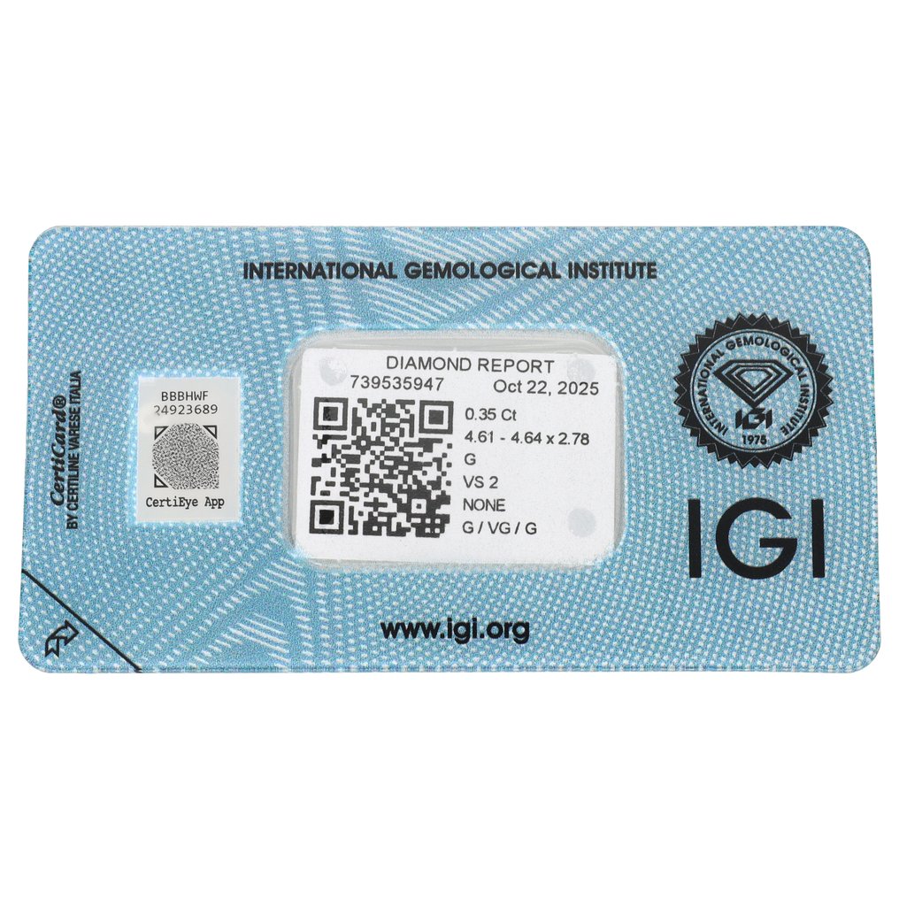 没有保留价 - 1 pcs 钻石 (天然) - 0.35 ct - 圆形 - G - VS2 轻微内含二级 - 国际宝石研究院(IGI) #2.1