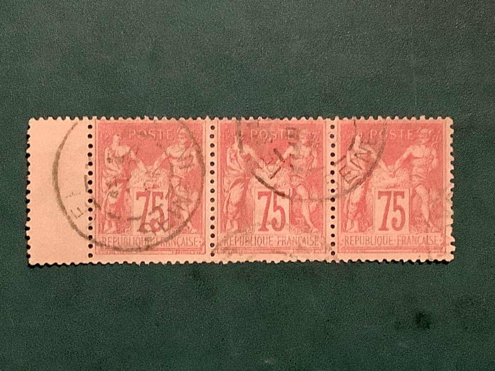 França 1883 - 75 cent Sage type II em tira van 3 - Yvert 81 #1.0