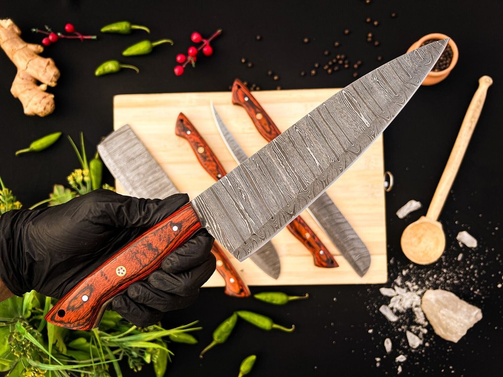 Coltello da cucina - Set di coltelli da chef per cucina - Scopo: usi quotidiani in ambienti interni ed esterni (FK -142) - Impugnatura in legno esotico e lama in acciaio piegato 1095/15N20. - Stati Uniti - Set da cucina e barbecue #2.1