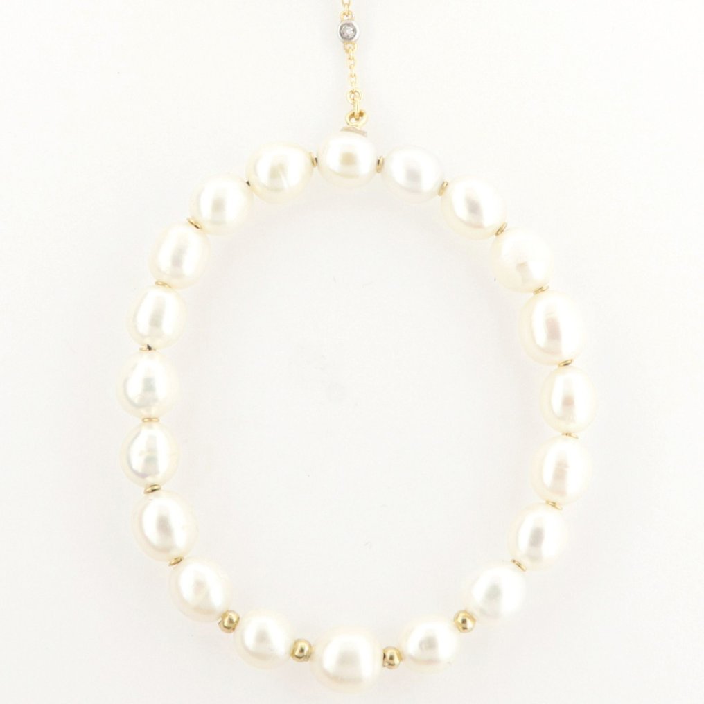 Drop fülbevaló - 18 kt. Sárga arany, Fehér arany - 0.05ct. tw. Gyémánt (Természetes) - Gyöngy #1.0