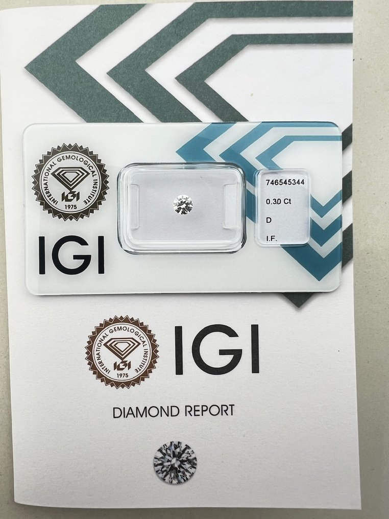 Sem preço de reserva - 1 pcs Diamante (Natural) - 0.30 ct - Redondo - D (incolor) - IF - International Gemological Institute (IGI) #1.0