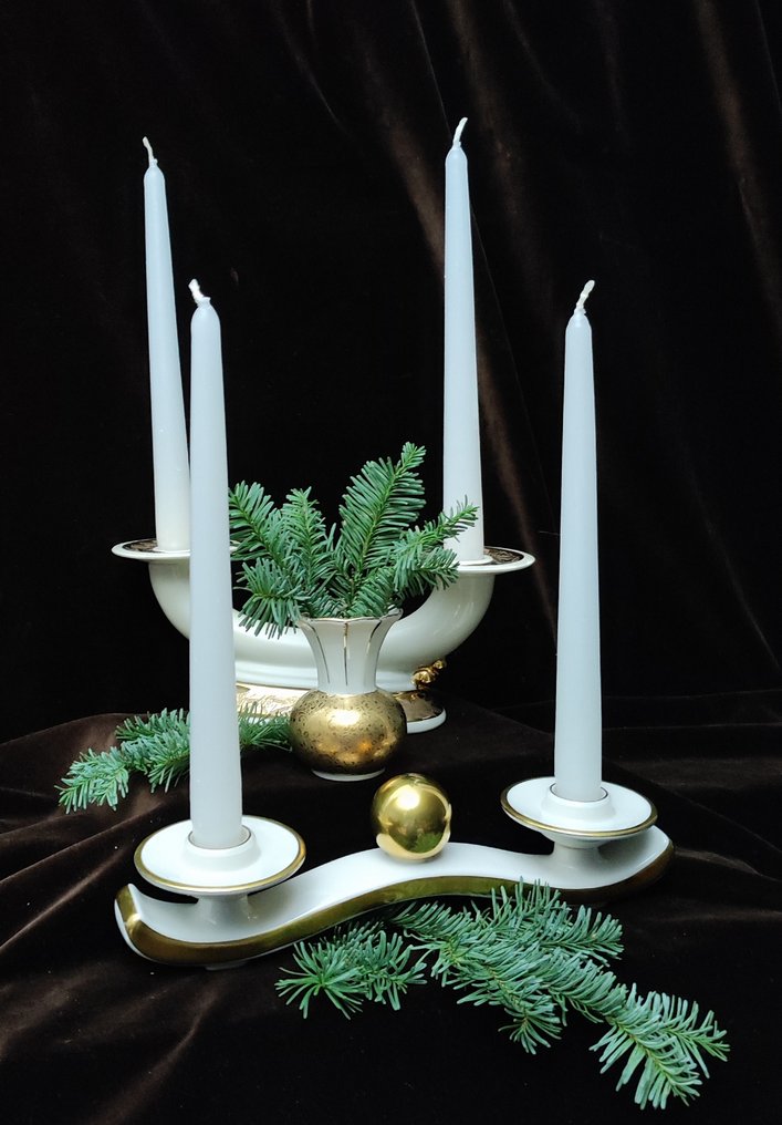 AL-KA Kunst Kronach, Lindner Kueps, Gerold & C. Tettau - Candleholder (3) - Ivory porcelain, partially gold-plated #1.0