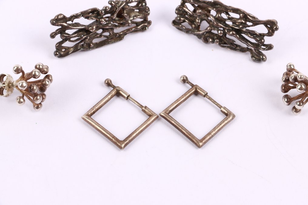 Zonder minimumprijs - Oorbellen Zilver - 3 paar mid century #3.2