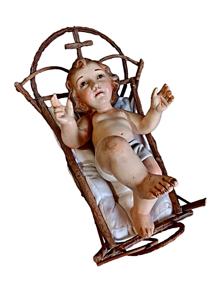 Jezus-kindje in de kribbe - 29 cm - Vintage - Gips, Hout, Textiel - Midden van de twintigste eeuw #1.0