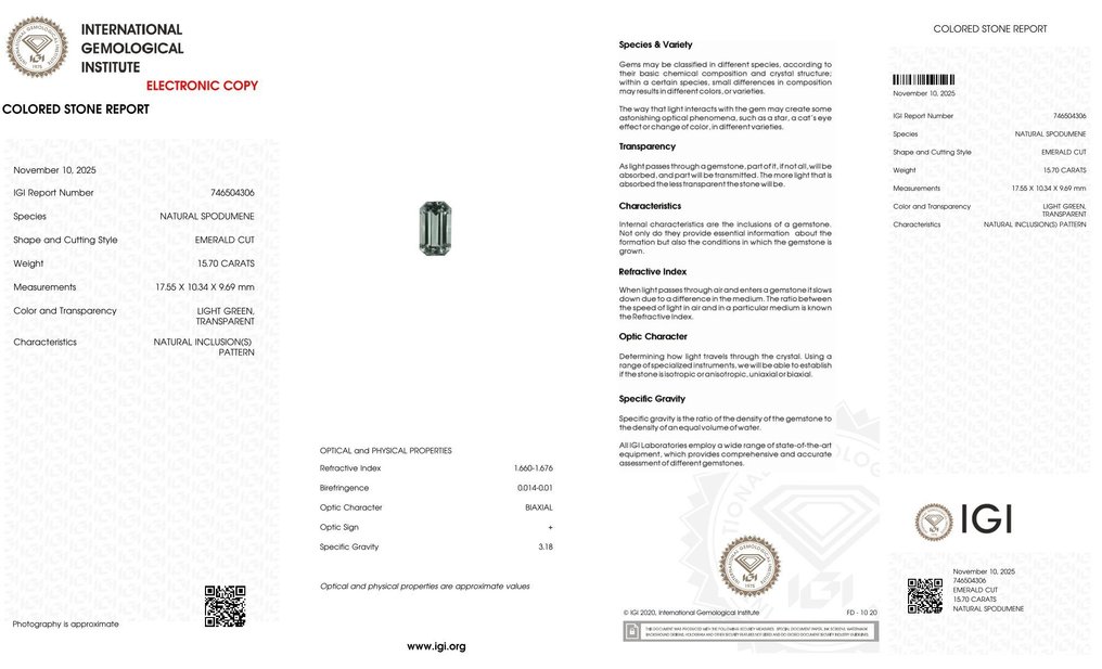 没有保留价 - 1 pcs  绿色 翠铬锂辉石  - 15.70 ct - 国际宝石研究院（IGI） - 天然昆士璧 #2.1