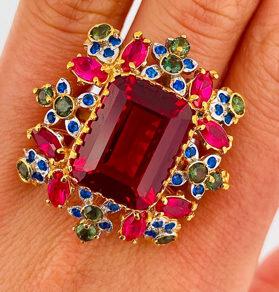 没有保留价 - 戒指 - 9 kt. 黄金, 银 红宝石 - 蓝宝石 #4.3