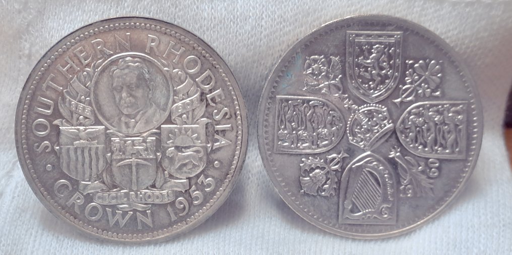 Verenigd Koninkrijk, Zuid-Rhodesië (Britse kolonie). Elizabeth II. Lot of 2 coins: 1 crown, 1953 (100th anniversary Birth of Cecil Rhodes) & 5 Shillings 1960 (Zonder minimumprijs) #1.0