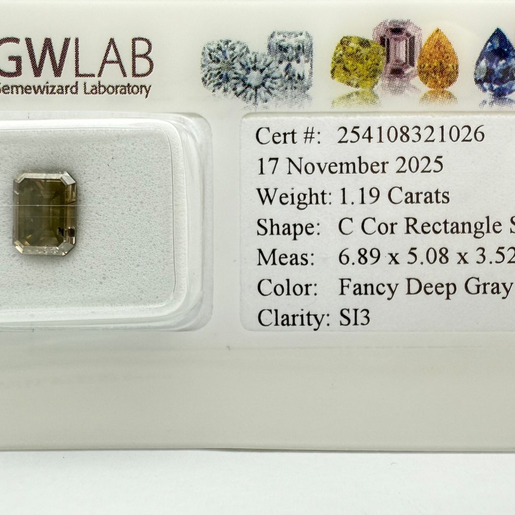 Sem preço de reserva - 1 pcs Diamante (Colorido natural) - 1.19 ct - Retângulo - Fancy deep Cinzento - SI3 - Gemewizard Gemological Laboratory (GWLab) #1.0
