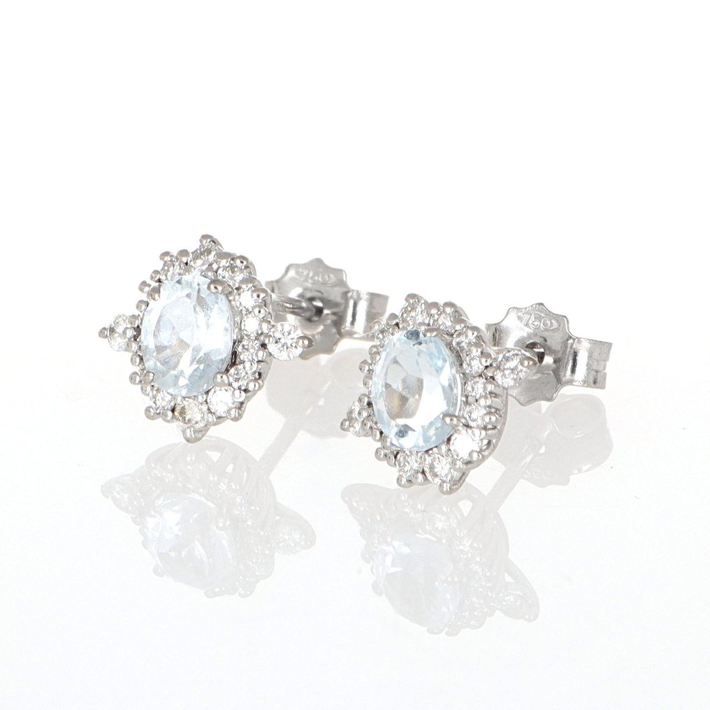 没有保留价 - 耳环 - 18K包金 白金 海蓝宝石 - 钻石 #1.0