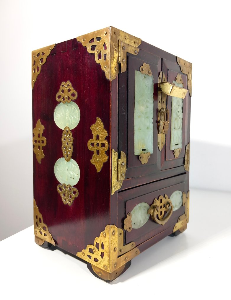 Smyckeskrin - Trä, Giada, Mässing - vintage konstnärligt skåp #1.0