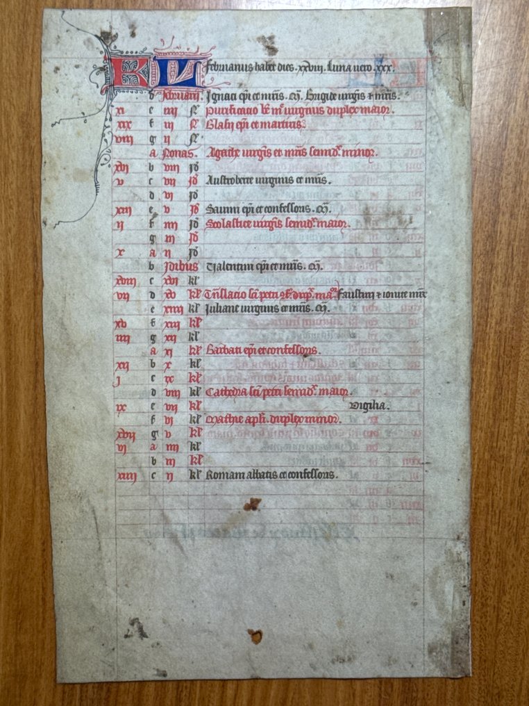French scriptorium of the Middle Ages - Breviary illuminated calendar leaf on vellum France 14th Cent. Beautiful filigree initials - 1350 #2.1