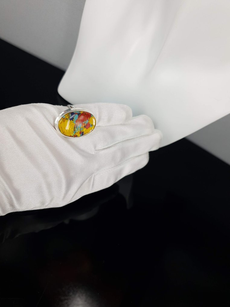 Ασημί, Διάμετρος δαχτυλιδιού: 19 mm / Rutile Quartz Mosaic Jasper - Δαχτυλίδι #2.1