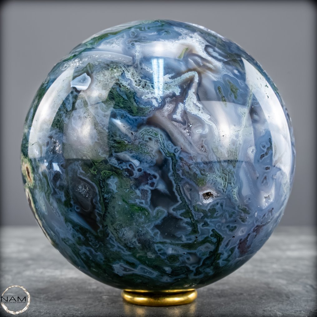 顶级品质天然非常艺术的苔藓玛瑙带晶簇 球体- 1251.64 g #1.0