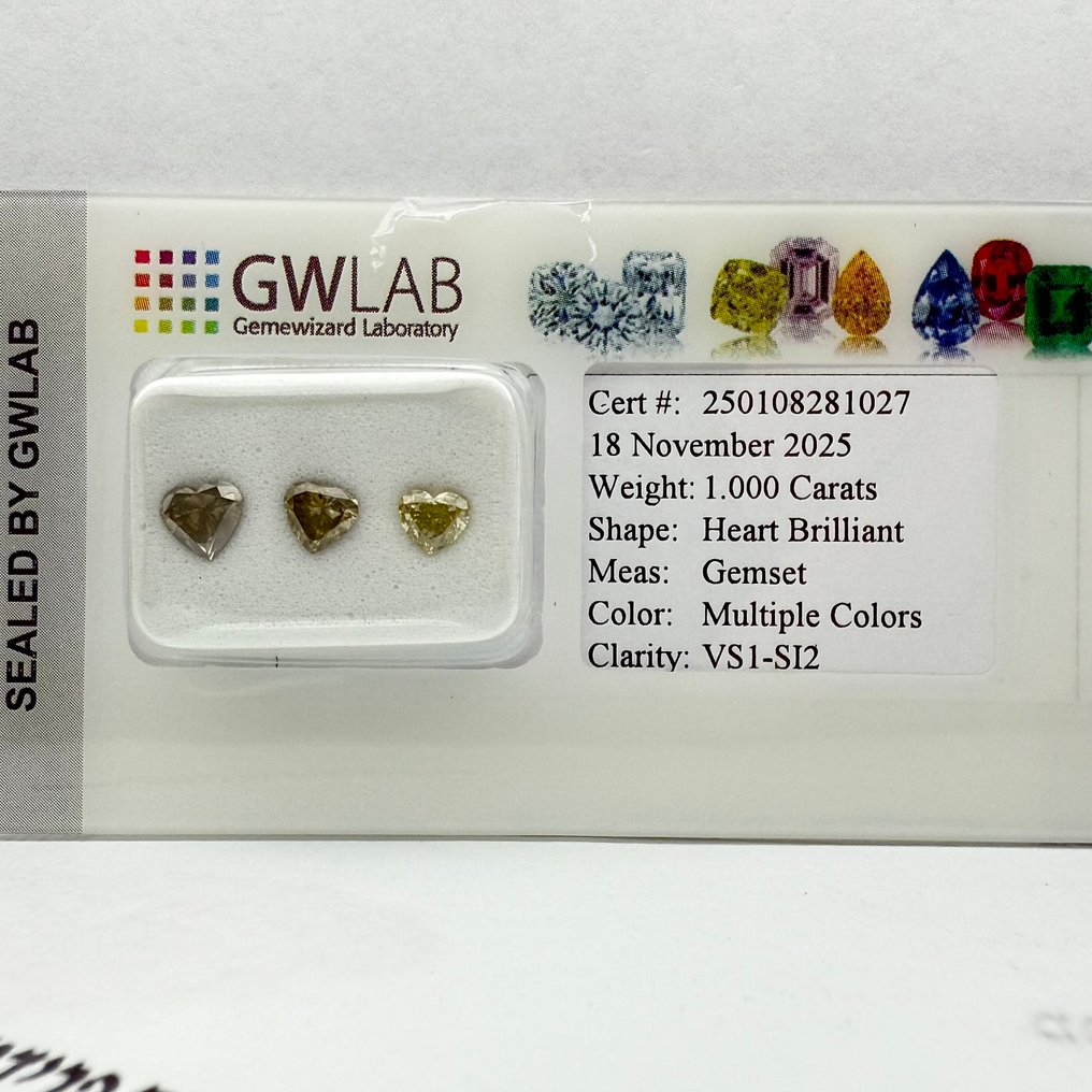 Senza prezzo di riserva - 3 pcs Diamante (Colorato naturale) - 1.00 ct - Cuore Miscela di colori - VS1, SI2, SI1, VS2 - Gemewizard Gemological Laboratory (GWLab) #3.2