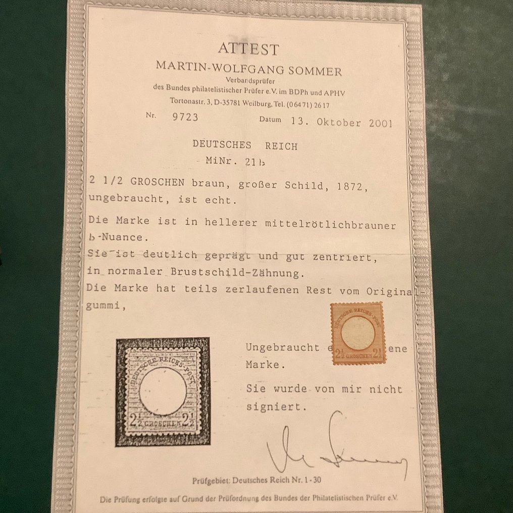 Német Birodalom 1872 - 2,5 Groschen groot Brutschield in b nuances gecentreerd en fotocertificaat Sommer. - Michel 21 b #1.0