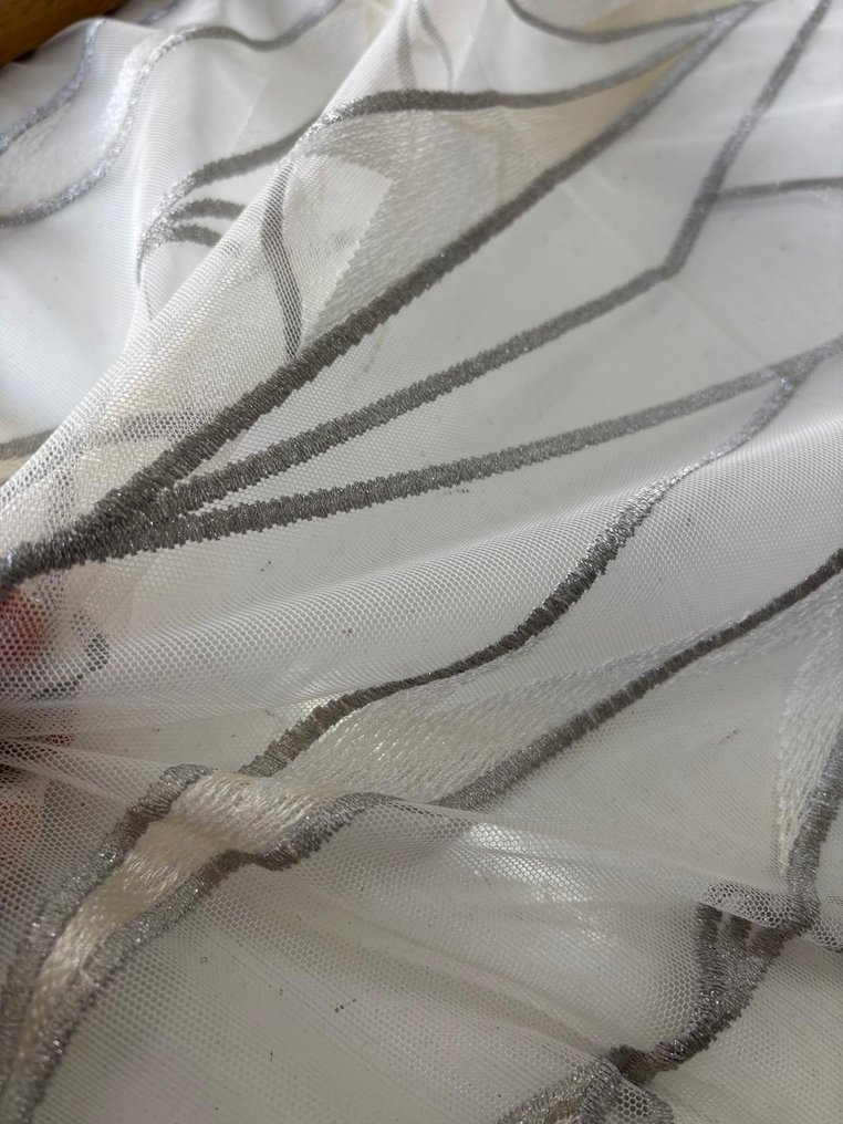 Luxurious fabric for curtains, French embroidered tulle with a border at the base in gray and cream. - Curtain fabric  - 400 cm - 300 cm #2.1